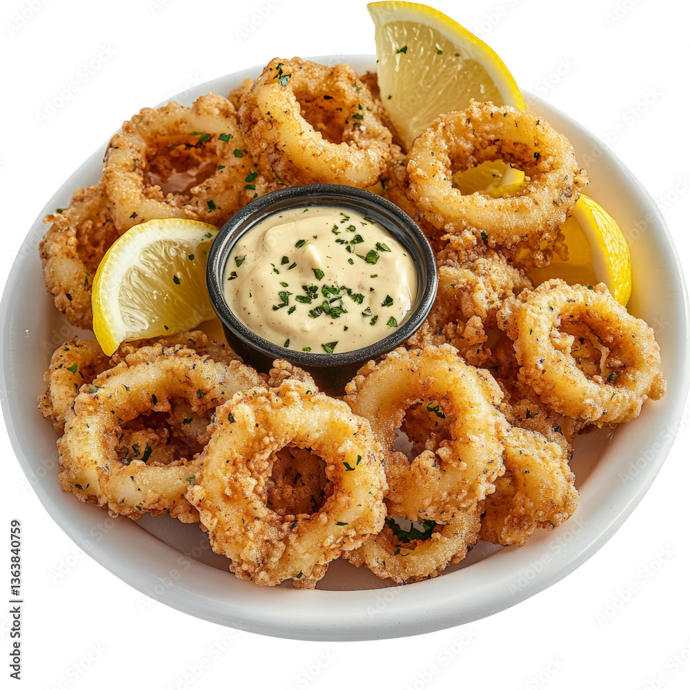 Golden Brown Fried Calamari PNG on a White Plate, Garnished with Fresh Parsley and Lemon Wedge, Accompanied by Herb Dip for a Crisp Culinary Delight. Golden Brown Fried Calamari PNG on a White Plate, Garnished with Fresh Parsley and Lemon Wedge, Accompanied by Herb Dip for a Crisp Culinary Delight.