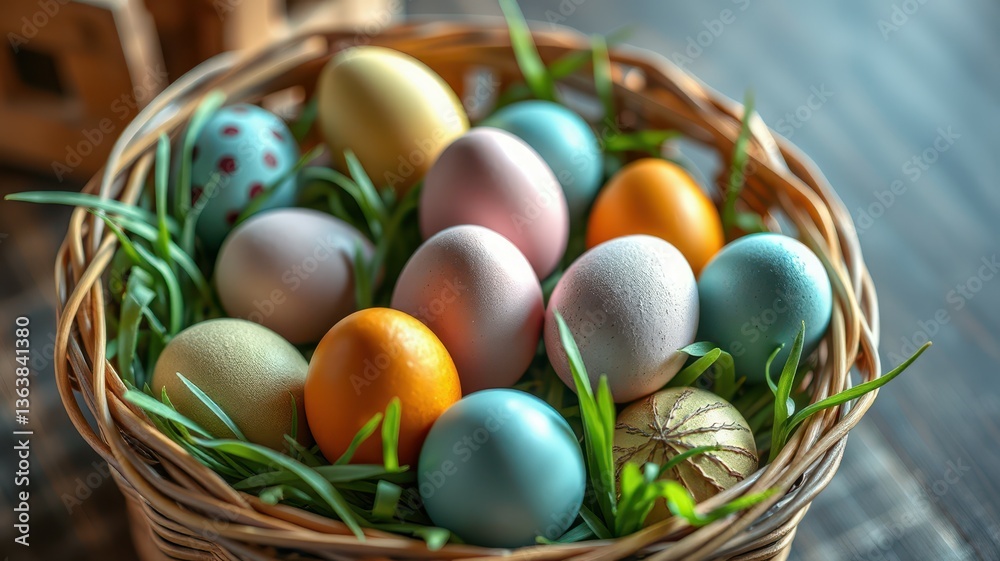 Colorful easter eggs arranged in a woven basket on a wooden surface during spring festivities