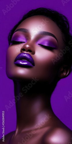 Elegant woman with shimmering purple makeup highlighting smooth skin in a close up profile against a vibrant purple background
