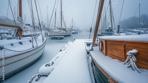 Snowy Harbor with Sailboats in Winter