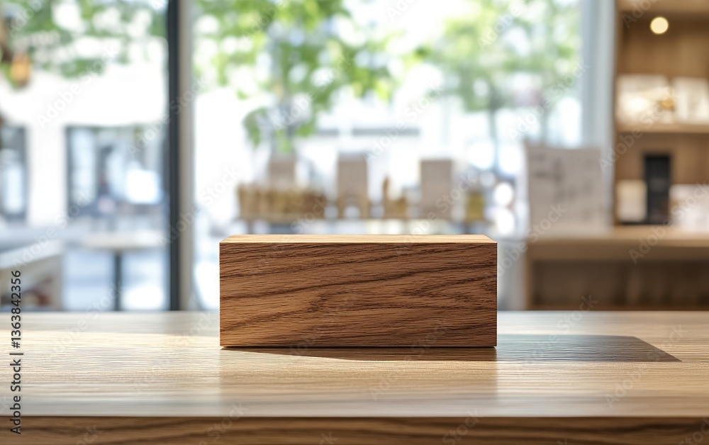 Wooden display box on a wooden counter, blurred background of a cafe Wooden display box on a wooden counter, blurred background of a cafe