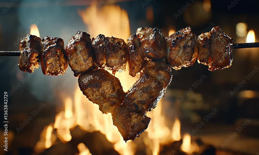 Heart-shaped meat grilling over an open fire, smoke swirls around. Culinary bliss with rustic, smoky charm