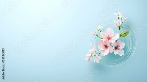 Delicate Pink Cherry Blossoms in Transparent Vase on Light Blue Background