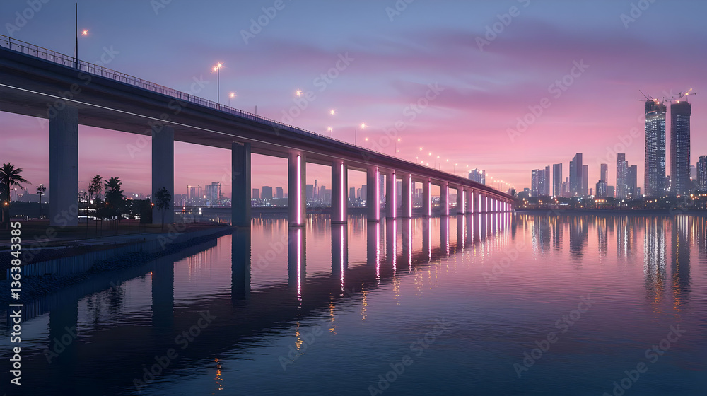 Fototapeta premium Elevated Bridge Spanning Water At Dusk With Pink And Purple Sky Illuminating Urban Skyline In Evening
