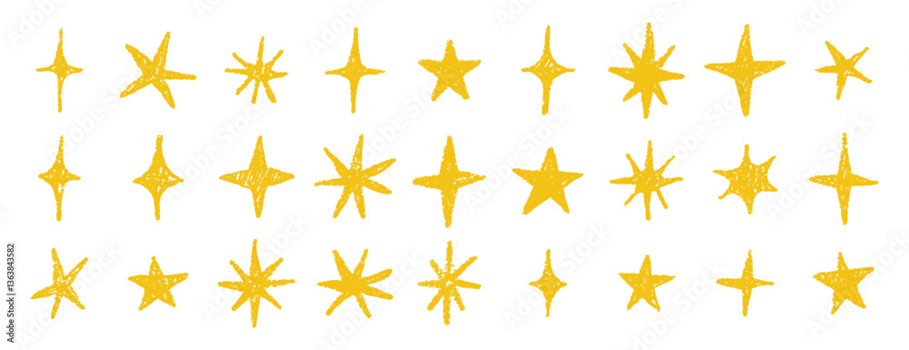 gold chalk crayon doodle stars set. Shine and sparkle hand drawn drawing collection. Children style yellow wax pencil elements. Grunge texture star shapes. gold chalk crayon doodle stars set. Shine and sparkle hand drawn drawing collection. Children style yellow wax pencil elements. Grunge texture star shapes.