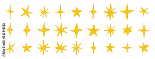 gold chalk crayon doodle stars set. Shine and sparkle hand drawn drawing collection. Children style yellow wax pencil elements. Grunge texture star shapes.