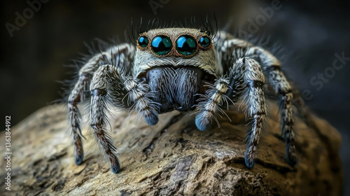 Wallpaper Mural A close up of jumping spider with vivid blue eyes, perched on textured rock, showcasing its detailed hairy body and curious expression Torontodigital.ca