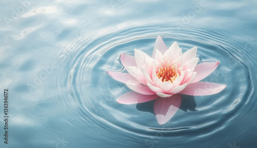 A serene, highly detailed lotus floating on calm water, with realistic reflections and gentle ripples.
