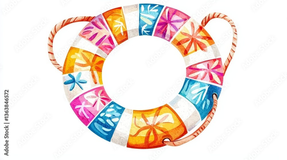 Obraz premium Fun summer accessory illustration featuring a lifebuoy with colorful patterns, lightly textured and isolated on white