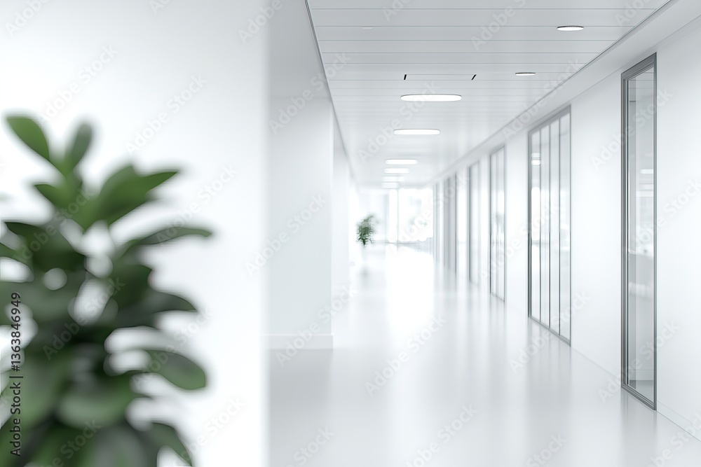 Fototapeta premium Modern bright office hallway with glass doors and plants.