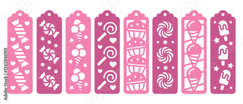 Set of vertical bookmarks with sweets, candies and ice cream. Laser cut template. Decorative bookmark stencil for paper, wood and metal cutting. Vector design with food pattern