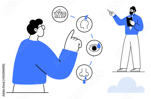 Interaction of two people using key sensory elements touch, sight, smell, taste. One person explains concepts while the other points to sensory icons. Ideal for education, science, communication