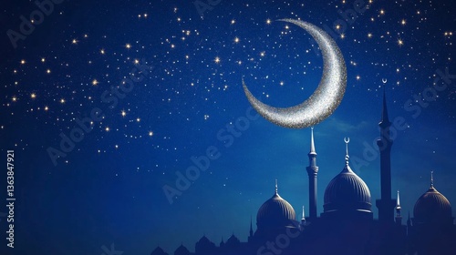 Obraz na płótnie Ramadan Kareem: Silver Crescent Moon Stars and Mosque Silhouette w salonie