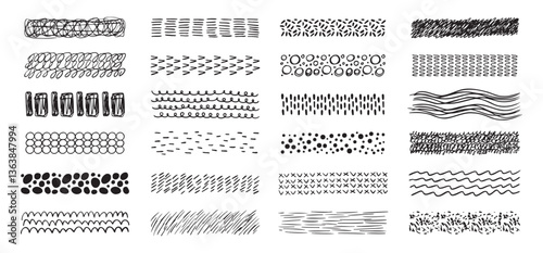 Hand drawn textures collection. abstract brushes, drawing textures from thin lines of different shapes. Set of doodle swirling and straight shapes