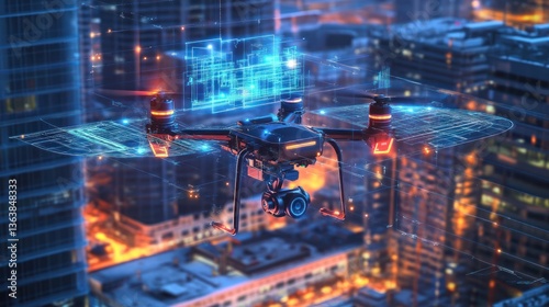 Drone capturing architectural blueprints in urban environment