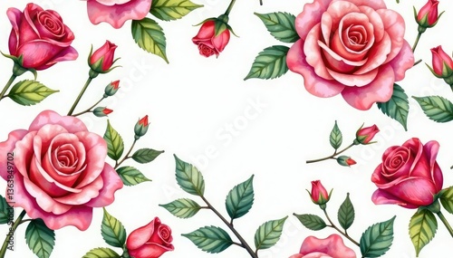 Intricate watercolor roses & leaves, repeating floral design, nature, spring, bloom