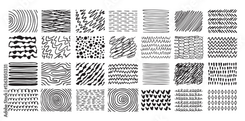Hand drawn crosshatch line drawing set. Different pen scratch. Doodle isolated vector. 