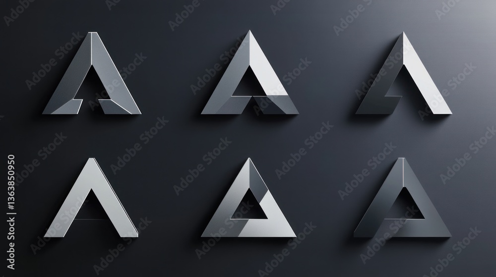Six metallic triangles, letter A variations, dark background, design concept Six metallic triangles, letter A variations, dark background, design concept