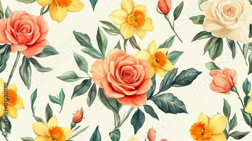 Wallpaper Mural NatureFlorals Seamless Floral Perspective Coral Daffodils Torontodigital.ca
