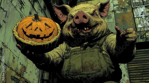 digital illustration featuring a scary humanoid pig character with exaggerated features, such as large ears and a wide snout, holding a pie