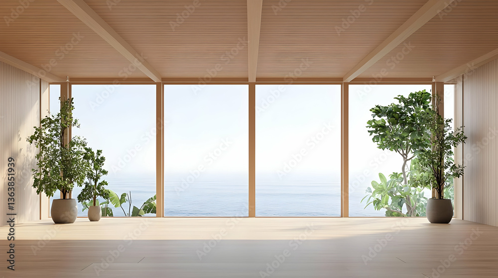 Fototapeta premium Spacious Light Filled Wooden Interior With Panoramic Ocean View