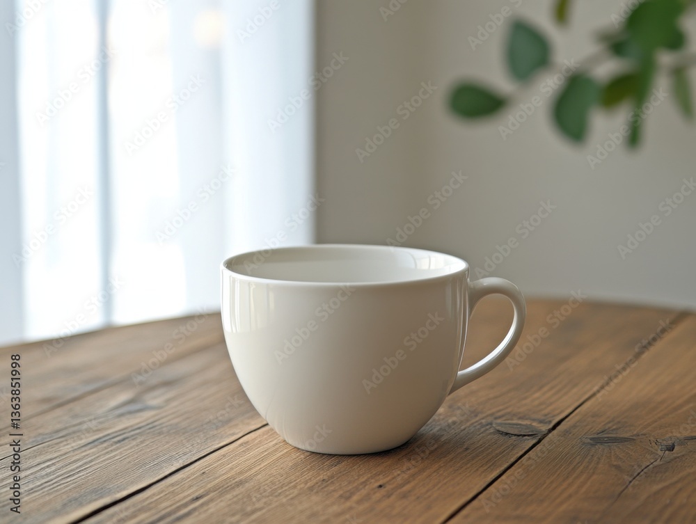 Coffee cup on wooden table with soft window lighting and space for text