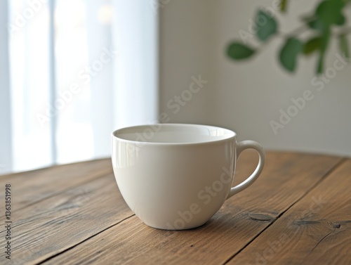 Obraz na płótnie Coffee cup on wooden table with soft window lighting and space for text w salonie