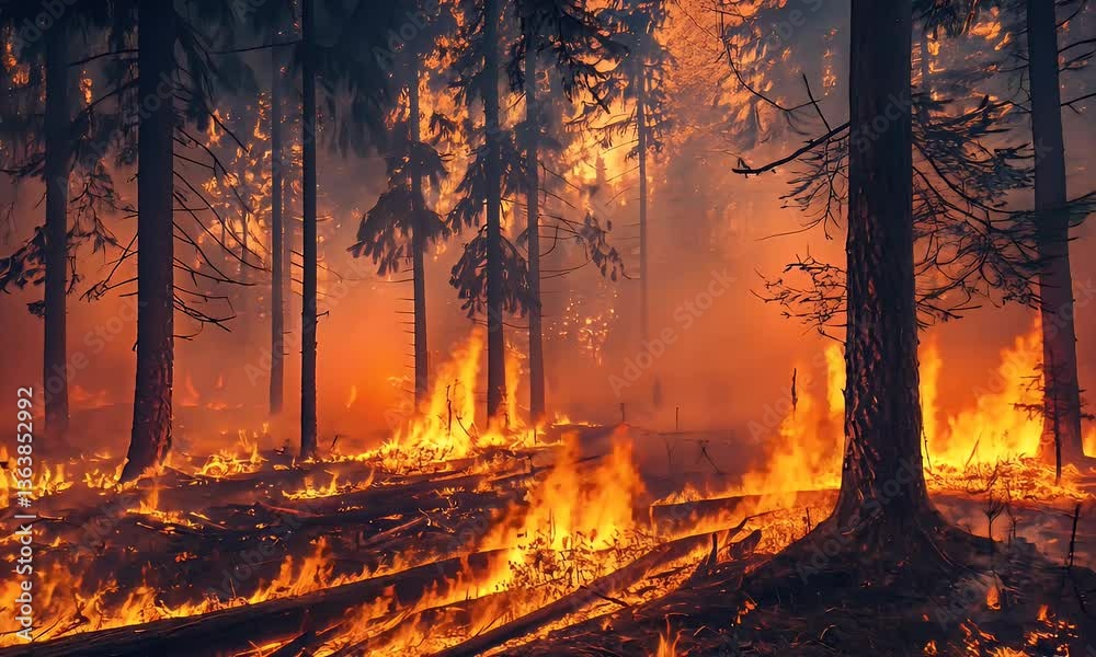 A raging wildfire engulfs the forest floor, flames consuming trees and foliage in a blaze of orange and red A raging wildfire engulfs the forest floor, flames consuming trees and foliage in a blaze of orange and red