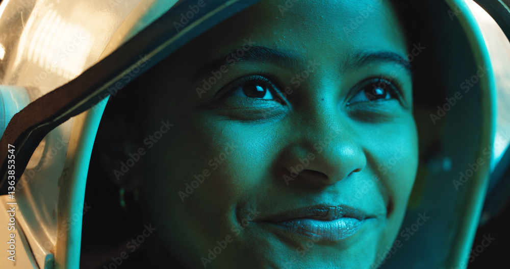 Happy girl, thinking and astronaut with space helmet at night for galaxy adventure, journey or radiation. Closeup, face or thoughtful teenager with dream, ambition or spacesuit in wonder or curiosity