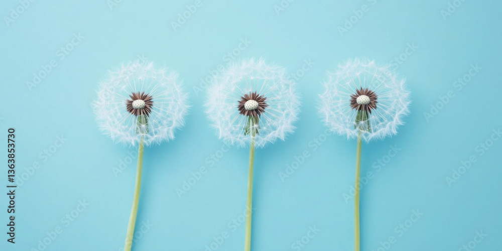 Obraz premium Three dandelion seeds against a light blue background in a minimalist concept 