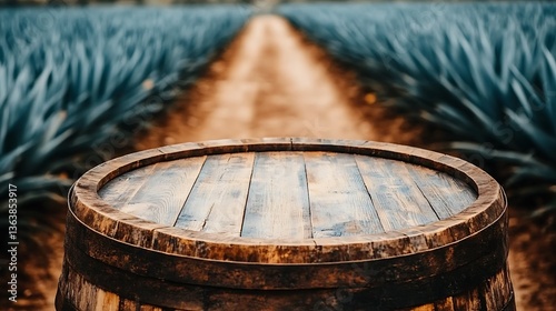 Wooden barrel in agave field.