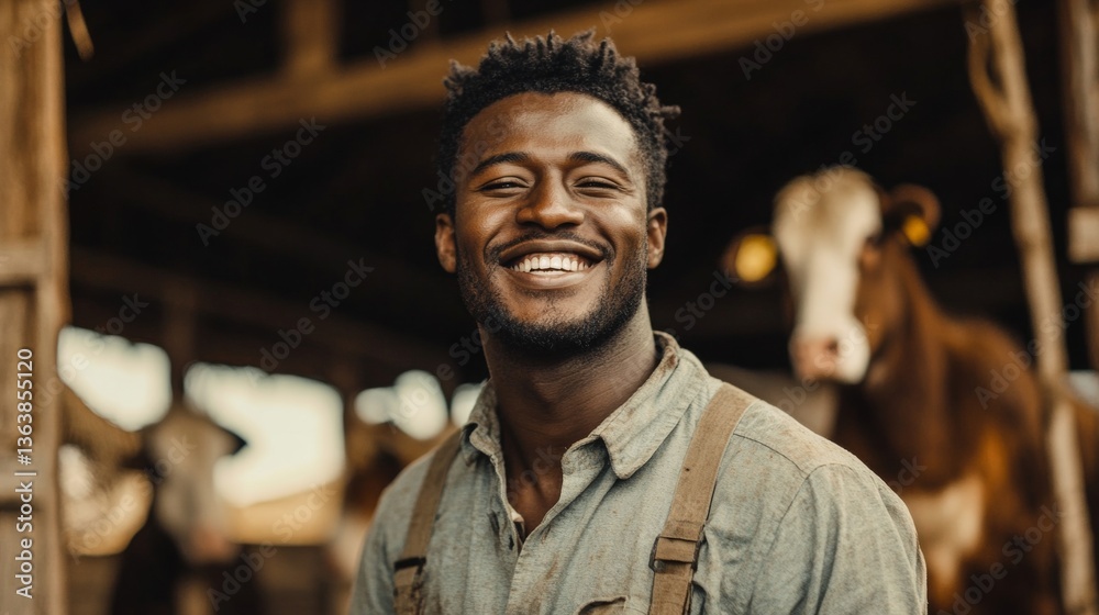 Joyful Farmer: Smiling Black Man with Cows in Barn Joyful Farmer: Smiling Black Man with Cows in Barn