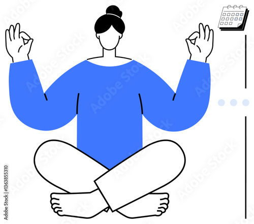 Person sitting cross-legged in meditation pose, hands in mudra gesture, calendar on side. Ideal for mindfulness, relaxation, balance, focus, wellness time management stress relief. Flat simple