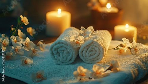 Spa towels, candles, and flowers in a relaxing setting photo