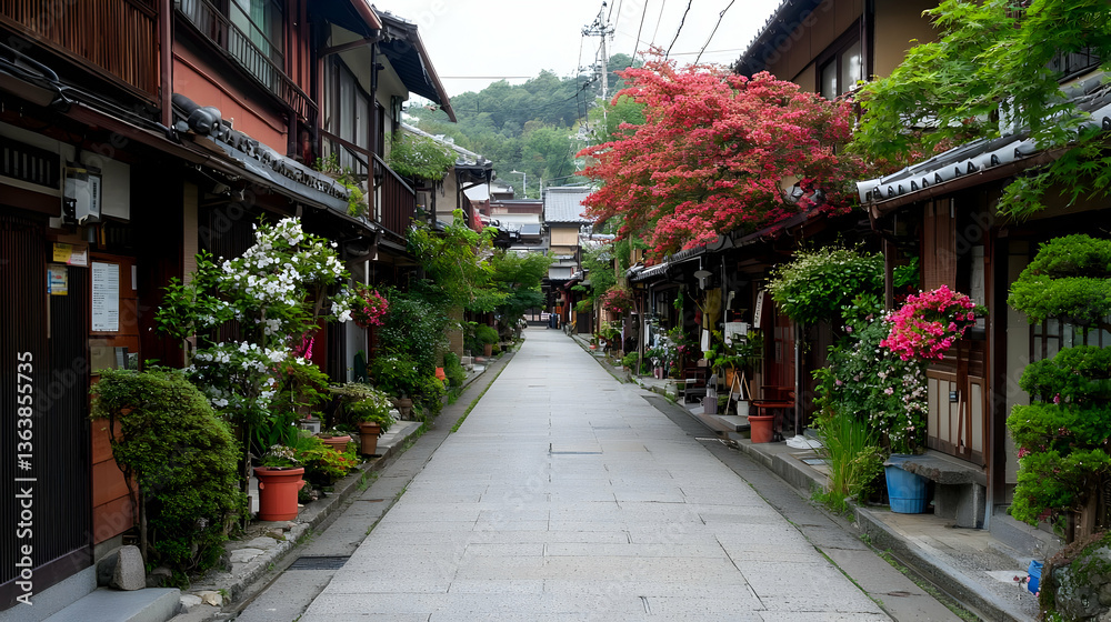 Fototapeta premium Picturesque Stone Paved Street Lined With Traditional Wooden Buildings and Lush Greenery with Pink Flowering Trees Under Daylight