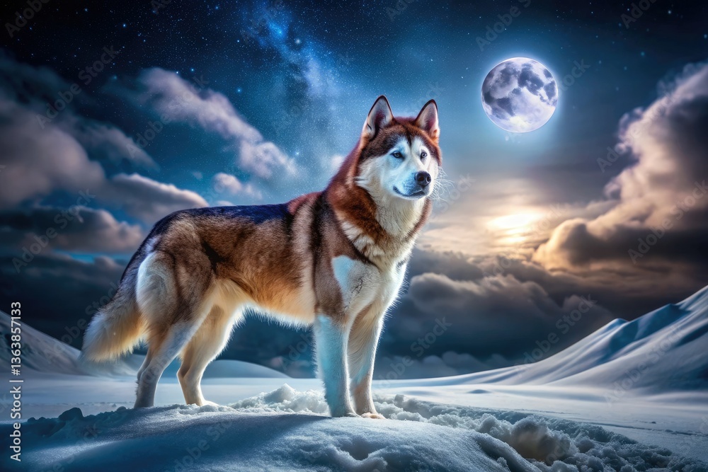 Naklejka premium Siberian Husky Night Photography, Fluffy Dog, Winter Dog, Snowy Night, Rule of Thirds Composition, Dog Portrait, Husky in Snow