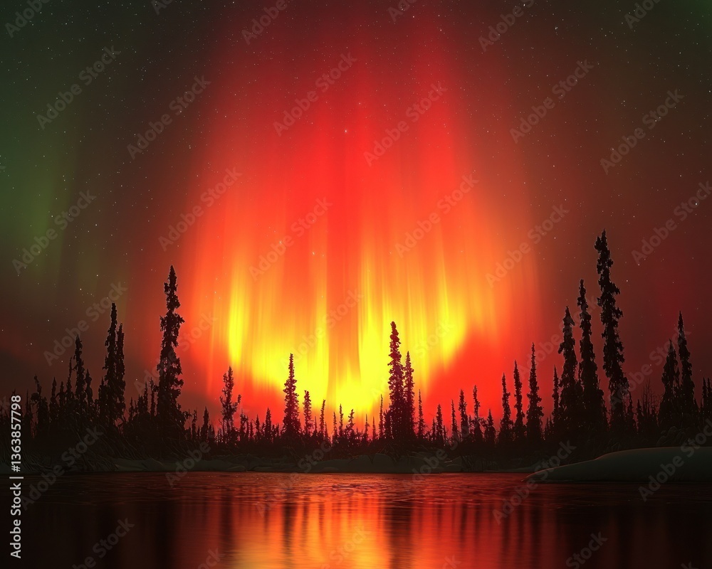 Fototapeta premium Fiery Aurora Borealis over a Tranquil Lake