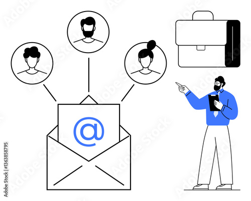 Envelope with email icon linking to team members and professional, alongside business briefcase and man pointing. Ideal for teamwork, business strategy, networking, communication, management
