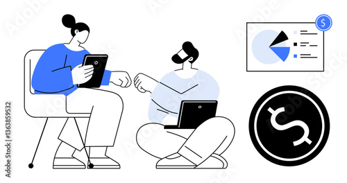 Two people discussing financial data using laptop and tablet, pie chart presentation, and currency icon. Ideal for teamwork, finance, technology, strategy, productivity, analysis flat simple