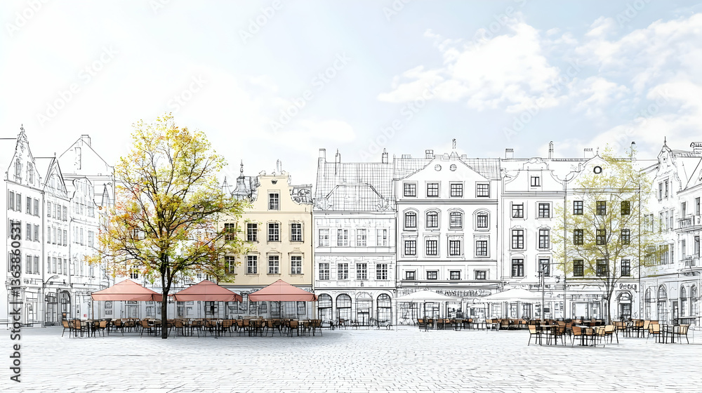 Obraz premium Sketchy Town Square Illustration