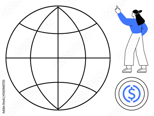 Earth grid sphere next to woman pointing upward and currency coin. Ideal for economics, finance, global business, innovation, investment, globalization, growth. Flat simple metaphor