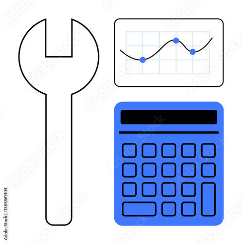 Wrench, calculator, and line chart combine technical tools and data for problem-solving. Ideal for engineering, analytics, business solutions, calculations, maintenance, productivity innovation
