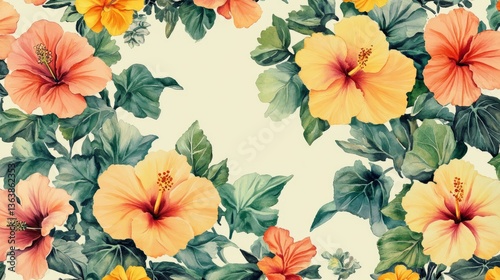 DesignCreativity Seamless Floral Overview Cream Hibiscus