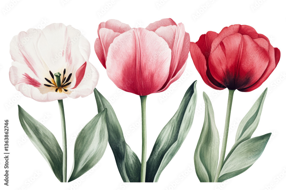 Fototapeta premium Elegant tulips: white, pink, red flower illustration, cut out transparent