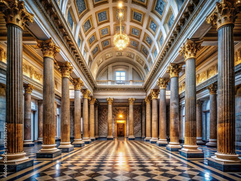 Obraz premium Majestic Marble Hall: Ancient Architecture, Classical Columns, Mythological Ambiance, Minimalist Photography