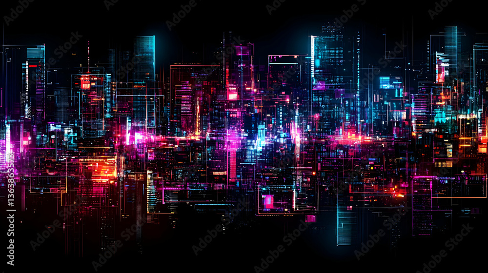 Fototapeta premium Vibrant Colorful Night Cityscape Digital Art