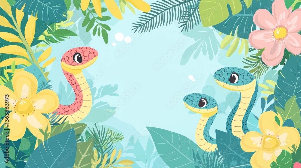 Fototapeta premium Colorful cartoon snakes surrounded by tropical flowers and leaves in a vibrant jungle background, perfect for children s illustrations and nature related themes
