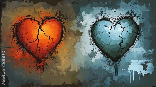Two cracked hearts, one fiery red, one icy blue, on grunge backgrounds.