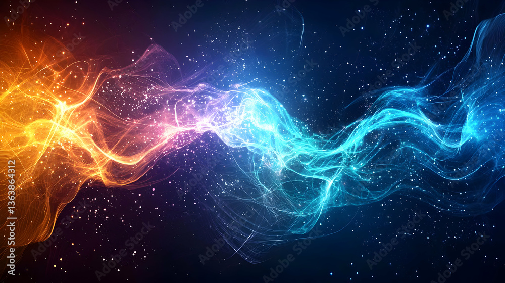 Obraz premium Abstract Digital Design Featuring Blue And Orange Wavy Lines With Glowing Particles Against Dark Background