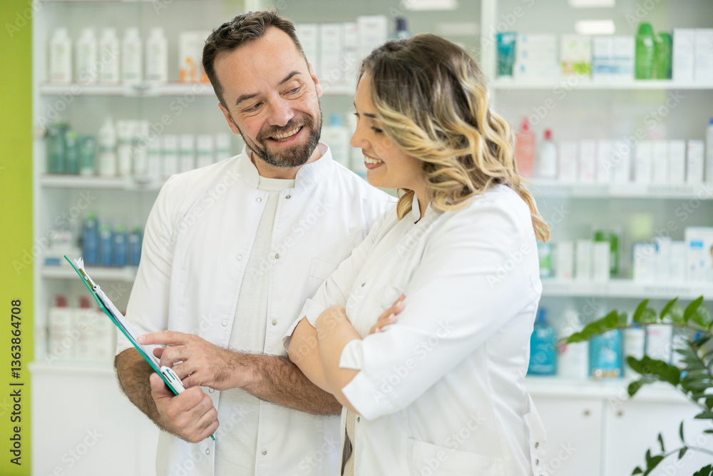 Obraz premium A cheerful interaction between two pharmacy professionals as they review notes in a well-stocked pharmacy environment.